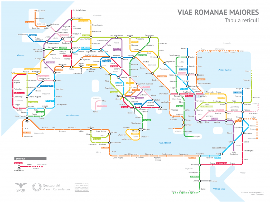 A subway-style diagram of the major Roman roads, based on the Empire ca. 125 AD